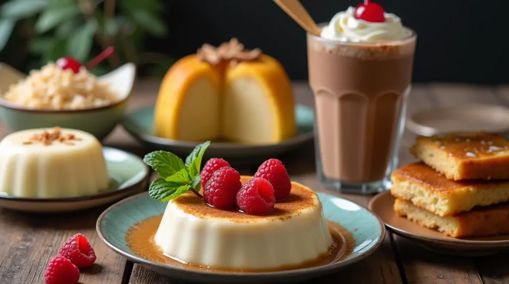 Cover image for a blog post on easy milk-based desserts, featuring rice pudding, milk halwa, chocolate milkshake, vanilla panna cotta, and milk toast on a rustic table with warm lighting