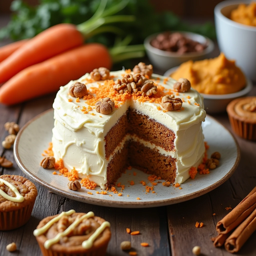 a realistic image of an easy to make carrot cake and various carrot based desserts for every season