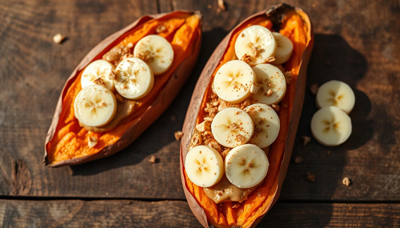 Baked Sweet Potatoes with Banana & Almond Butter