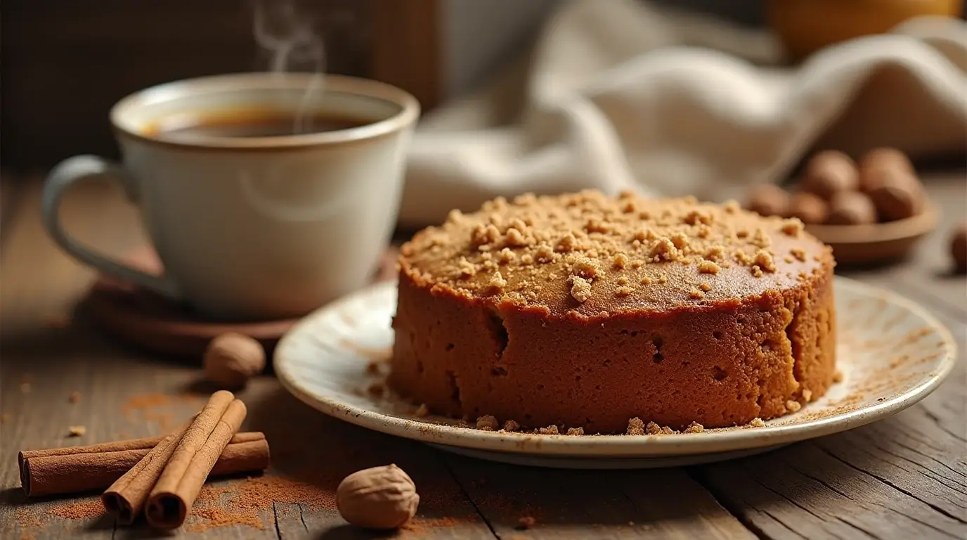 A freshly baked cinnamon nutmeg coffee cake with a streusel topping, served with a steaming cup of coffee on a rustic wooden table.
