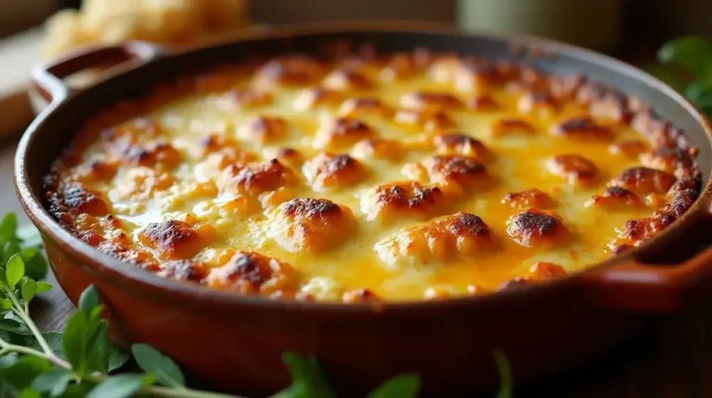 A golden, bubbly leftover turkey casserole served in a rustic baking dish, garnished with fresh herbs, showcasing a warm, comforting meal