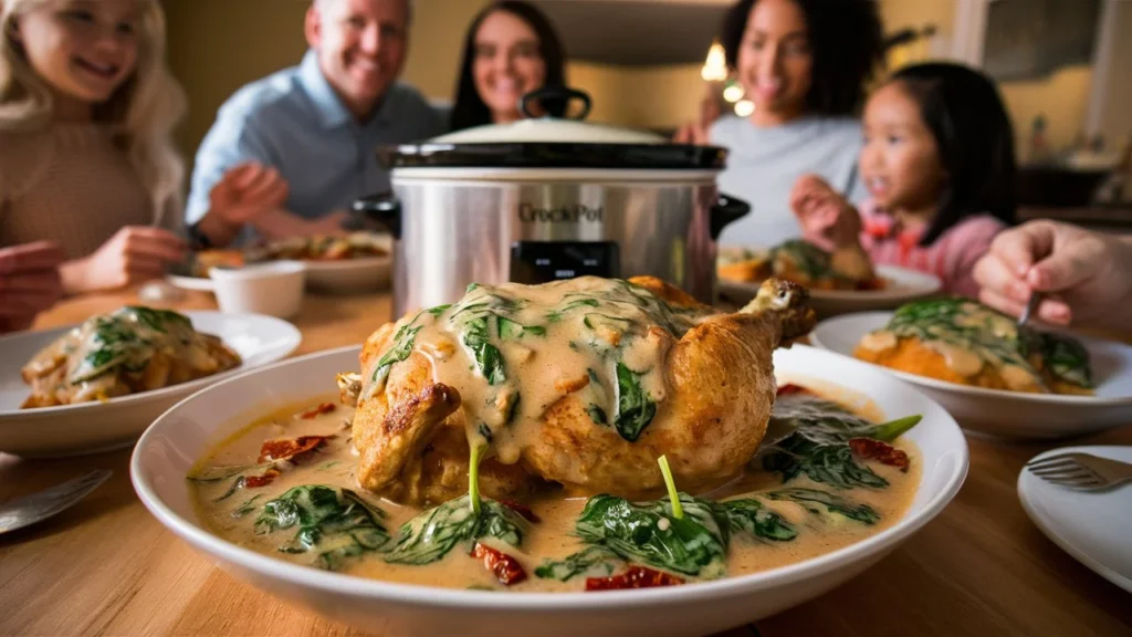 A family of four enjoying Crockpot Tuscan Chicken around a dinner table, with the crockpot filled with creamy chicken in the background. The atmosphere is cozy and relaxed, emphasizing the family-friendly nature of the dish