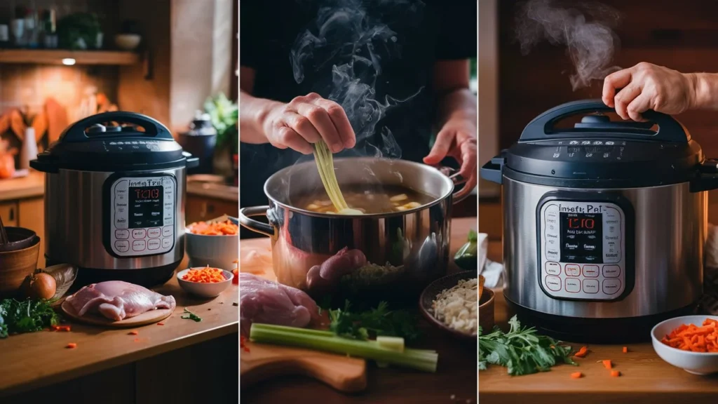 Step-by-step process of making Instant Pot Chicken Noodle Soup with the Instant Pot on a kitchen counter.