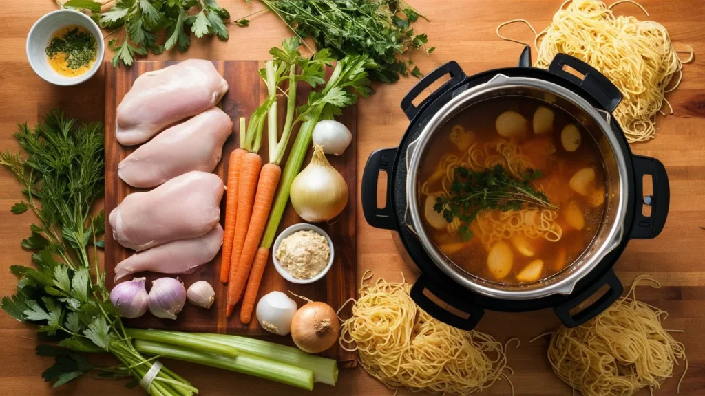 Fresh ingredients for Instant Pot Chicken Noodle Soup including chicken, vegetables, and noodles