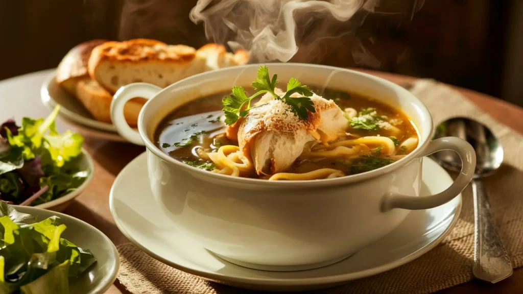 Bowl of Instant Pot Chicken Noodle Soup served with crusty bread, salad, and fresh parsley