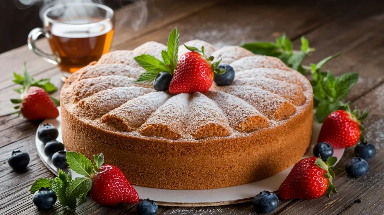 A slice of moist buttermilk cake on a white plate, surrounded by baking ingredients like eggs, flour, and buttermilk