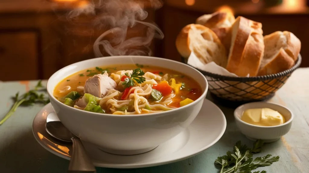 Steaming bowl of Instant Pot Chicken Noodle Soup surrounded by fresh vegetables, showcasing its health benefits
