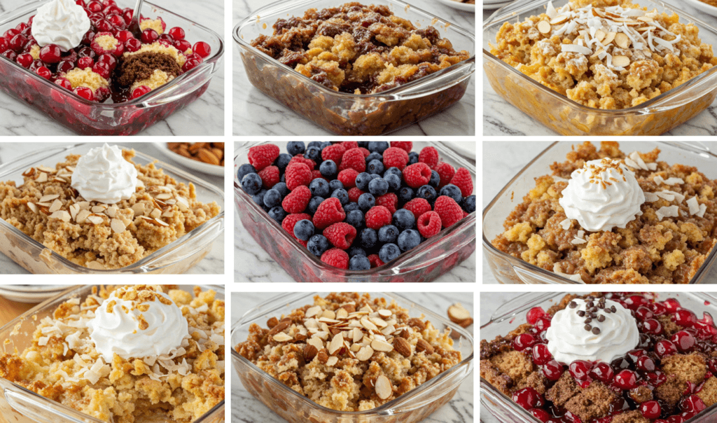 Collage of different variations of Cherry Pineapple Dump Cake, including chocolate and tropical versions.