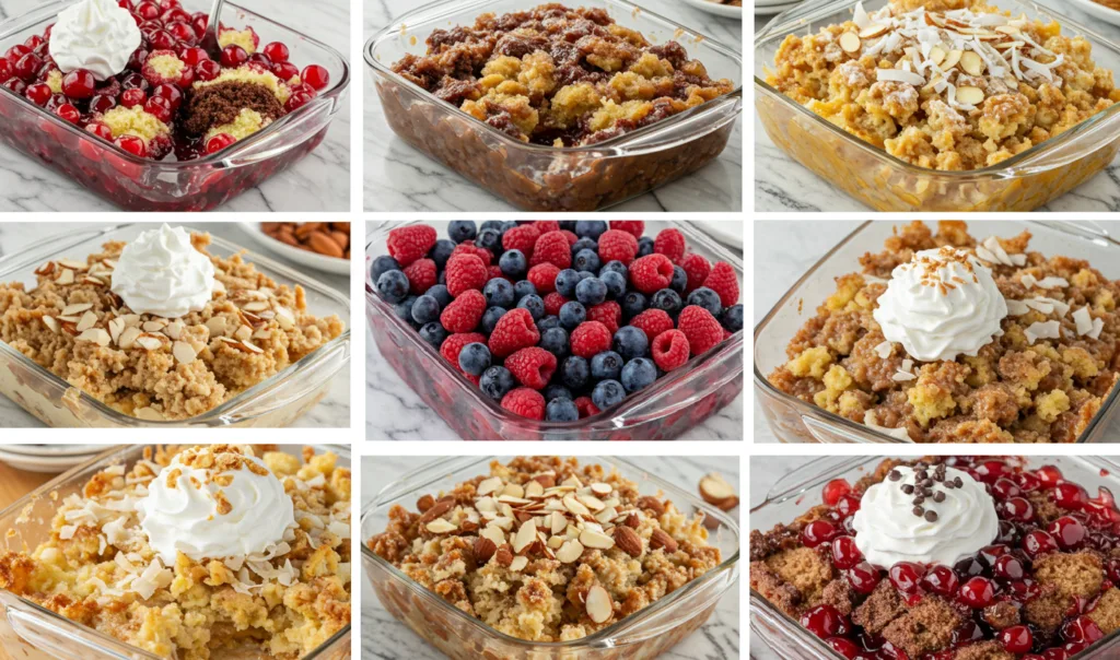 Collage of different variations of Cherry Pineapple Dump Cake, including chocolate and tropical versions.