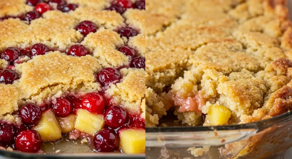 Side-by-side comparison of a perfect Cherry Pineapple Dump Cake and common baking mistakes