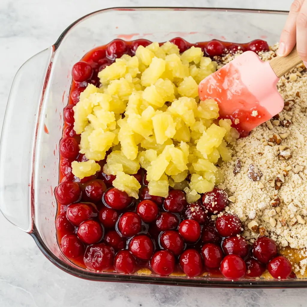 Sprinkling dry cake mix over cherry and pineapple layers for Cherry Pineapple Dump Cake