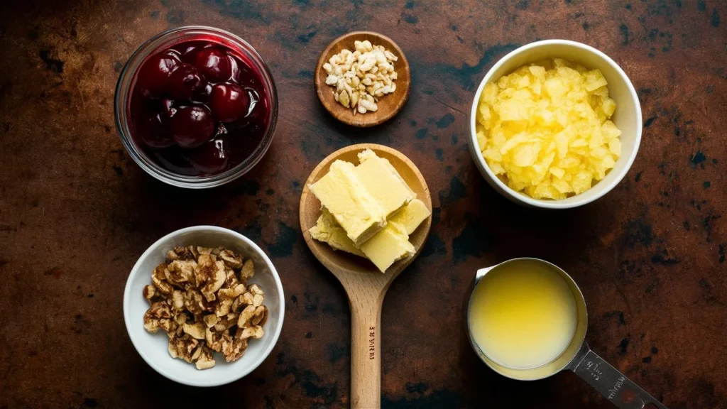 Flat-lay of ingredients for Cherry Pineapple Dump Cake: cherry pie filling, pineapple, cake mix, and butter