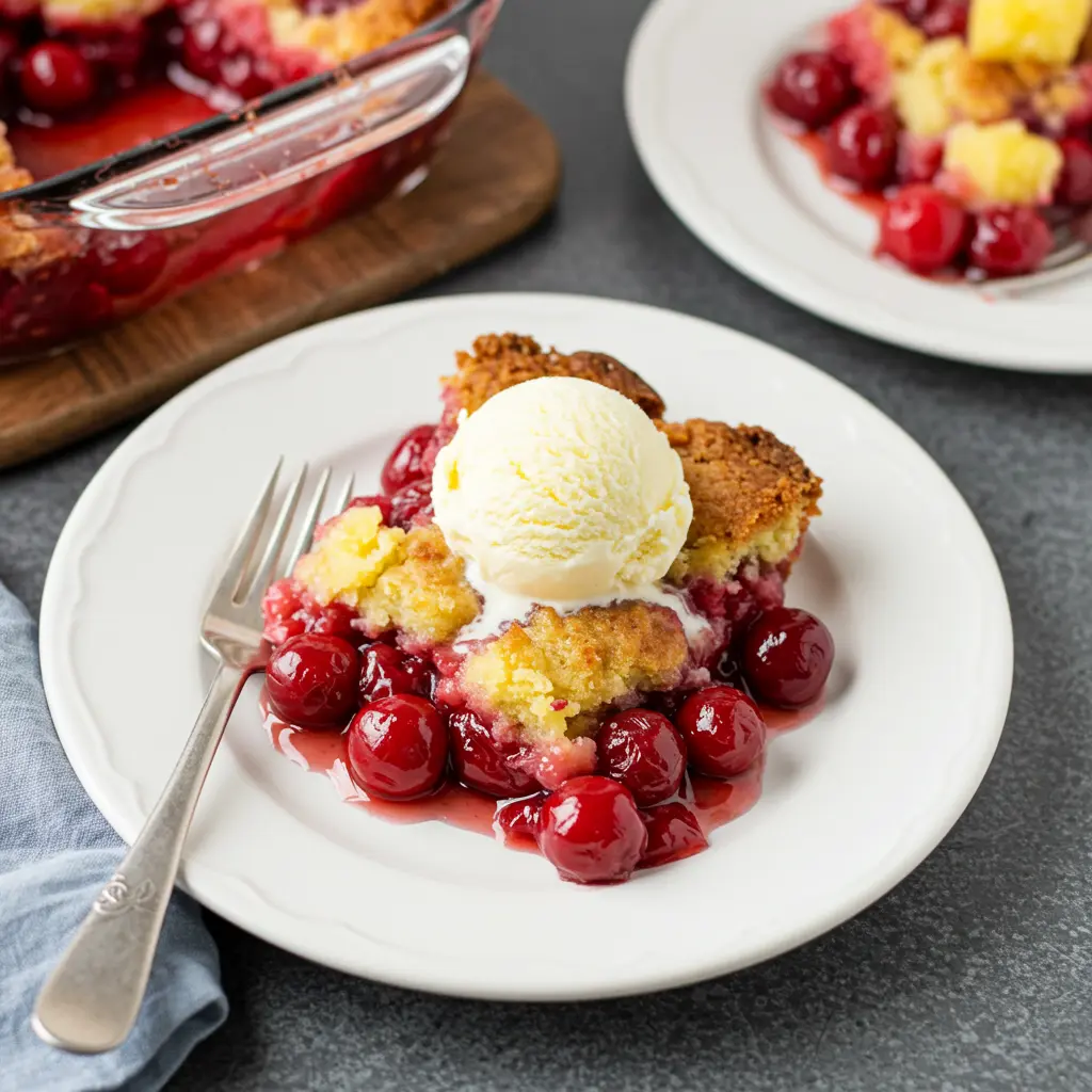 Serving Cherry Pineapple Dump Cake warm with vanilla ice cream and whipped cream