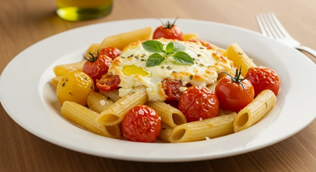 a beautifully plated Baked Feta Pasta dish with creamy, golden-edged feta and blistered red and yellow cherry tomatoes coating al dente rigatoni, topped with a drizzle of olive oil, flaky sea salt, and fresh oregano on a wooden table, showcasing mastery tips.