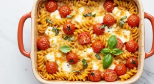 Overhead view of TikTok baked feta pasta in a colorful ceramic dish, featuring melted feta, burst cherry tomatoes, and pasta garnished with fresh basil, with a TikTok logo in the corner, against a white background.
