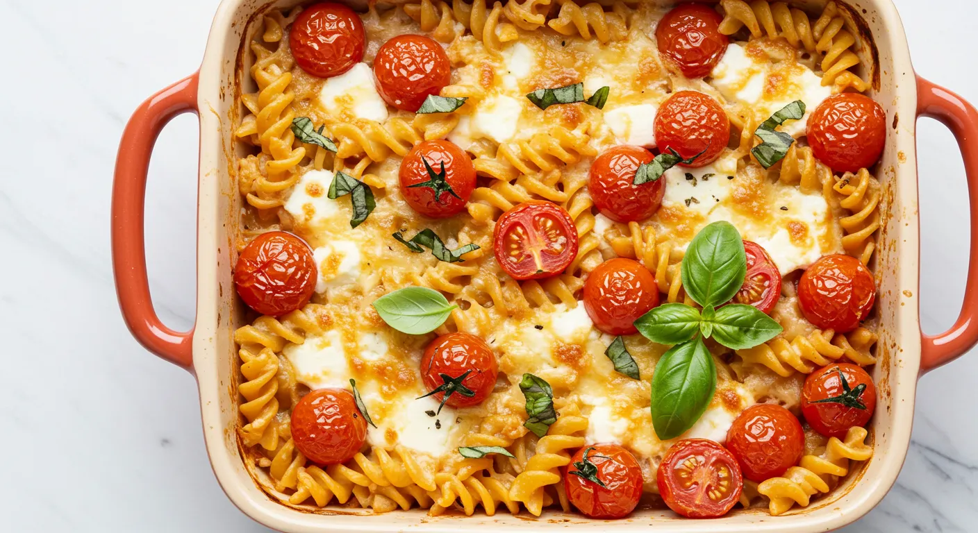 Overhead view of TikTok baked feta pasta in a colorful ceramic dish, featuring melted feta, burst cherry tomatoes, and pasta garnished with fresh basil, with a TikTok logo in the corner, against a white background.